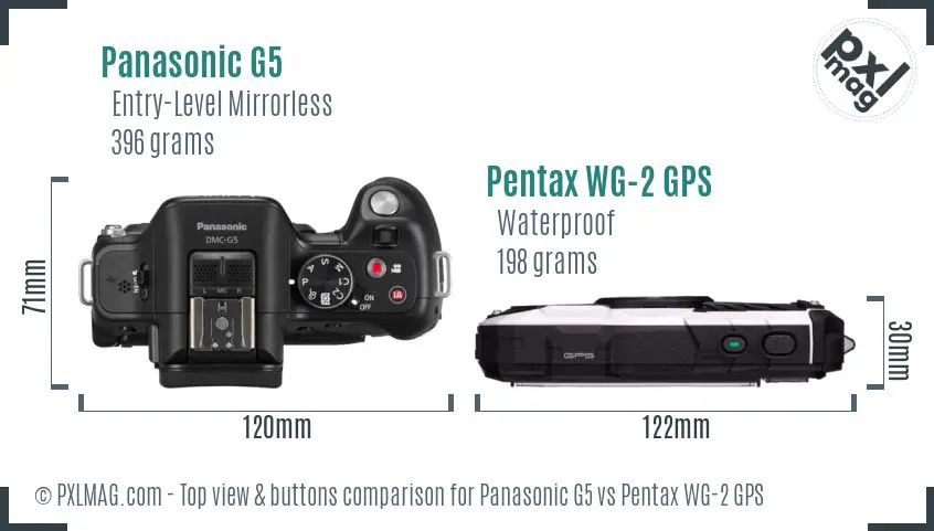 Panasonic G5 vs Pentax WG-2 GPS top view buttons comparison