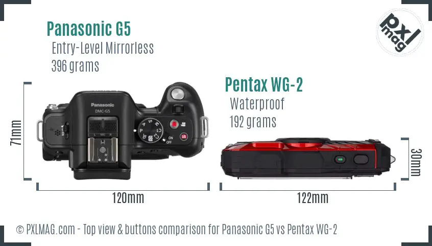 Panasonic G5 vs Pentax WG-2 top view buttons comparison