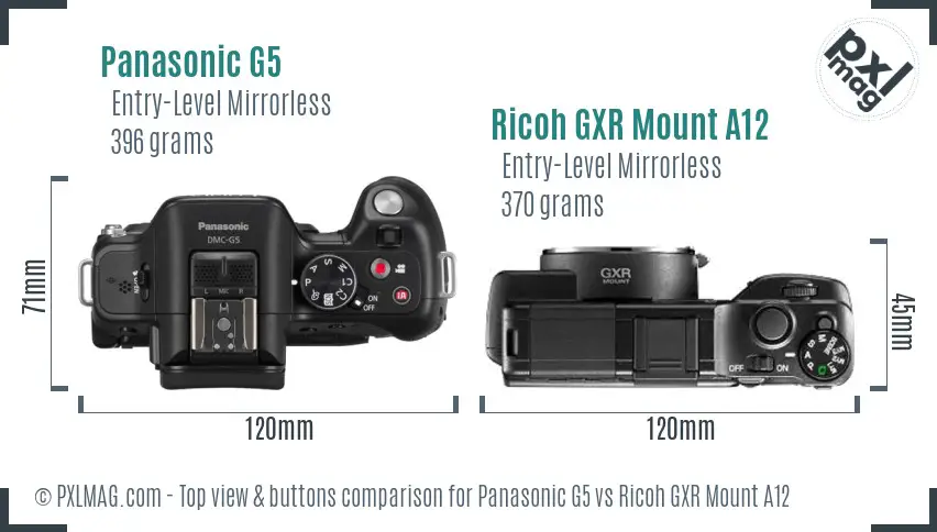 Panasonic G5 vs Ricoh GXR Mount A12 top view buttons comparison