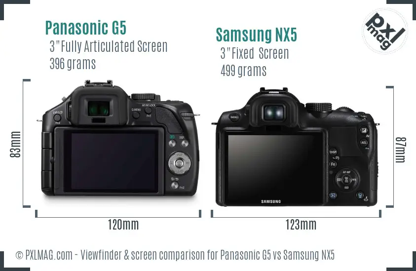 Panasonic G5 vs Samsung NX5 Screen and Viewfinder comparison