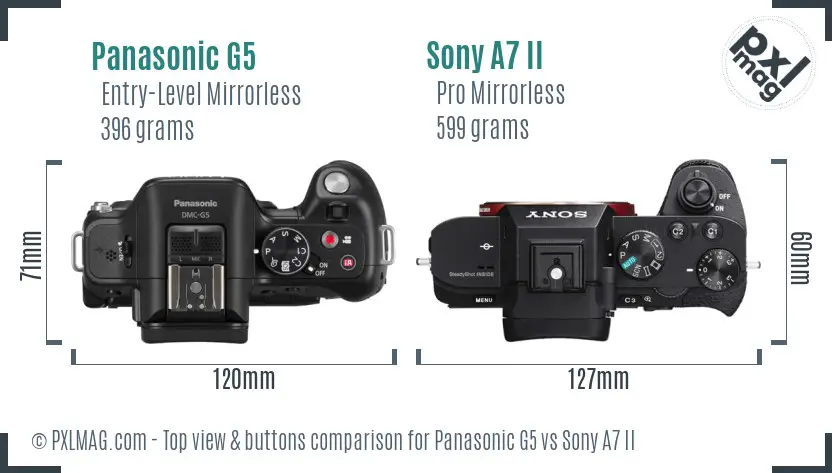 Panasonic G5 vs Sony A7 II top view buttons comparison