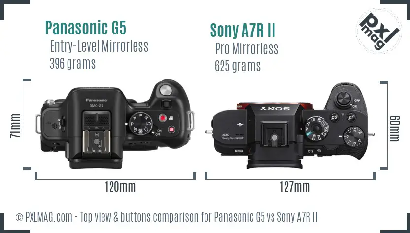 Panasonic G5 vs Sony A7R II top view buttons comparison