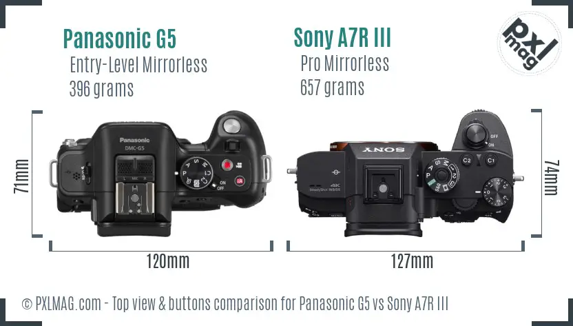 Panasonic G5 vs Sony A7R III top view buttons comparison