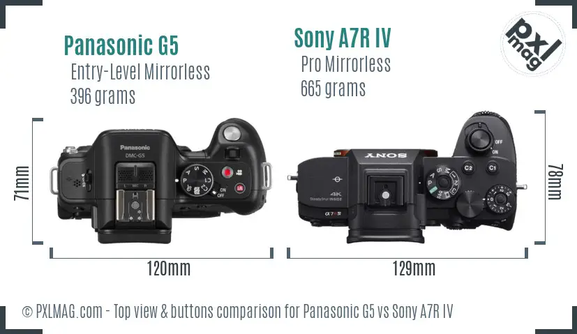 Panasonic G5 vs Sony A7R IV top view buttons comparison