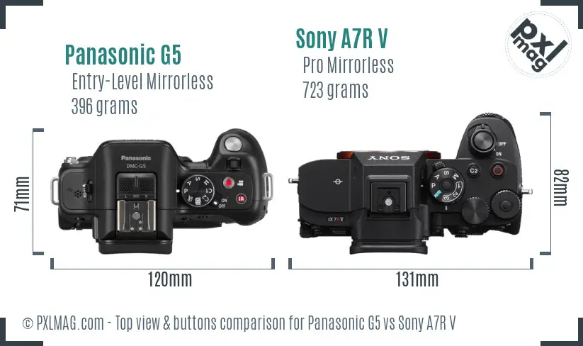 Panasonic G5 vs Sony A7R V top view buttons comparison Panasonic G5 vs Sony A7R V top view buttons comparison