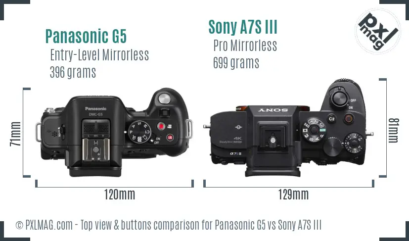 Panasonic G5 vs Sony A7S III top view buttons comparison