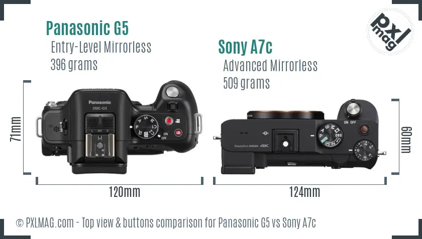 Panasonic G5 vs Sony A7c top view buttons comparison Panasonic G5 vs Sony A7c top view buttons comparison