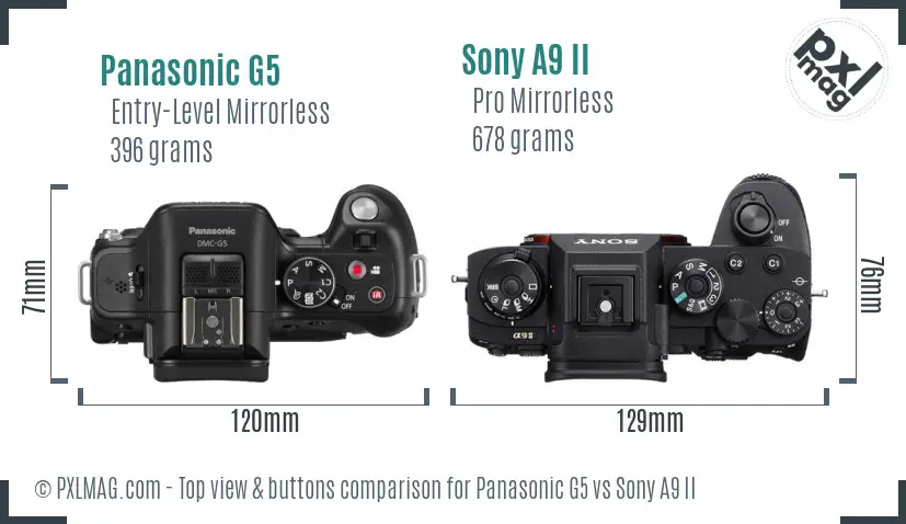 Panasonic G5 vs Sony A9 II top view buttons comparison