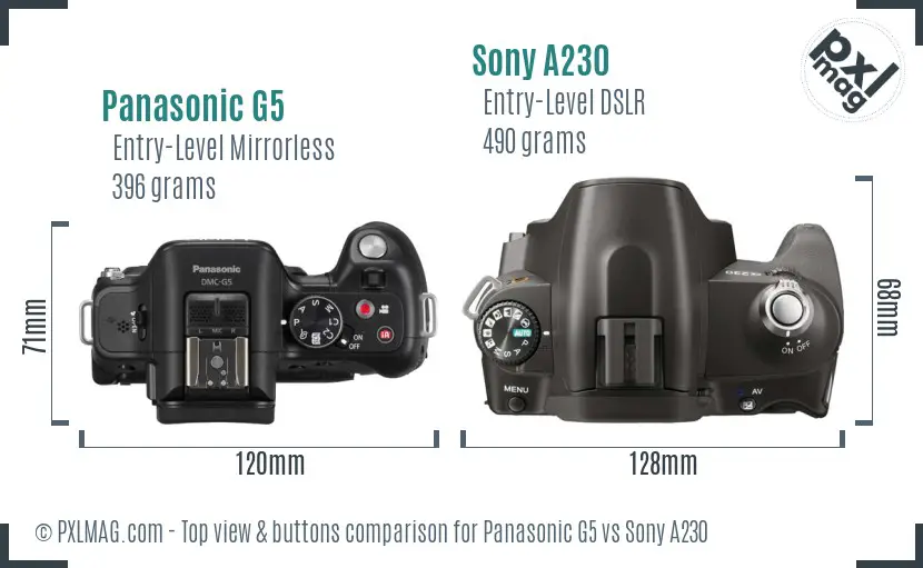 Panasonic G5 vs Sony A230 top view buttons comparison Panasonic G5 vs Sony A230 top view buttons comparison