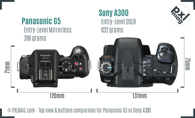 Panasonic G5 vs Sony A300 top view buttons comparison Panasonic G5 vs Sony A300 top view buttons comparison