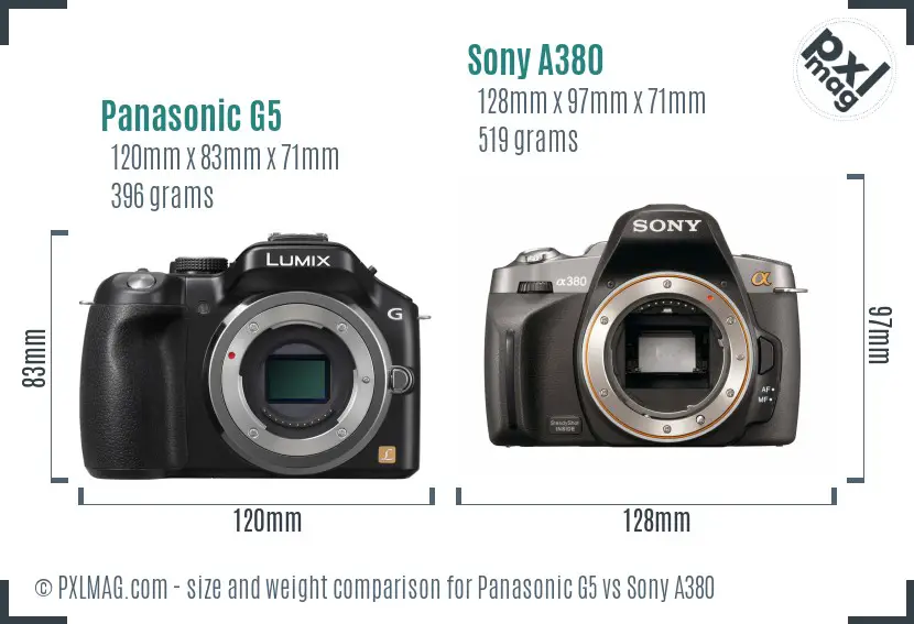 Panasonic G5 vs Sony A380 size comparison