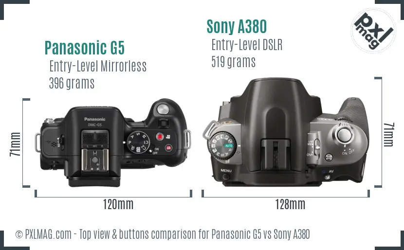 Panasonic G5 vs Sony A380 top view buttons comparison