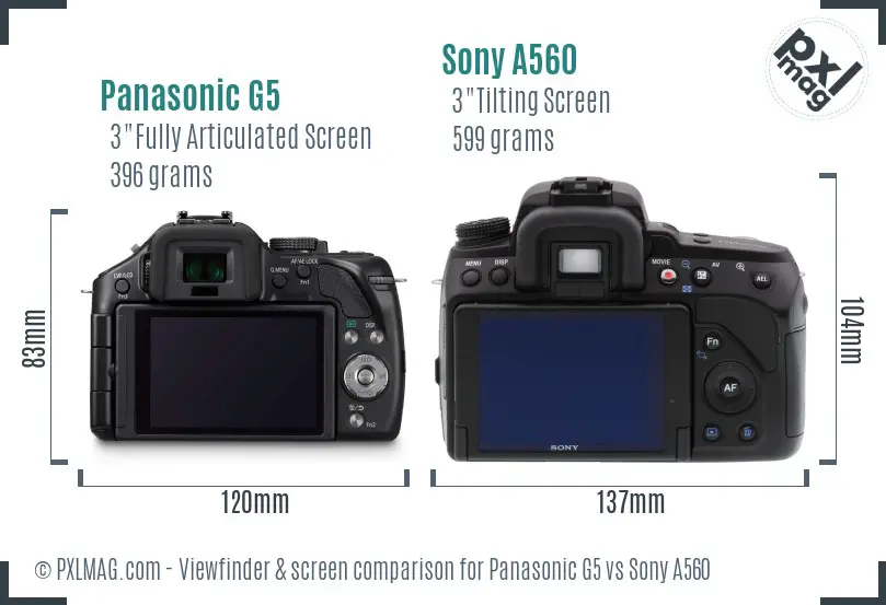 Panasonic G5 vs Sony A560 Screen and Viewfinder comparison