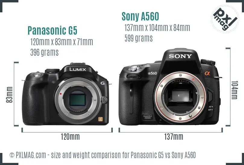 Panasonic G5 vs Sony A560 size comparison