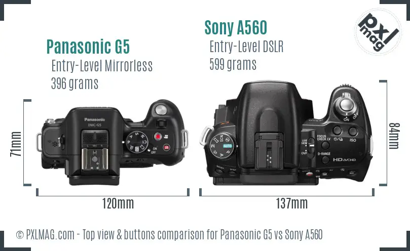 Panasonic G5 vs Sony A560 top view buttons comparison