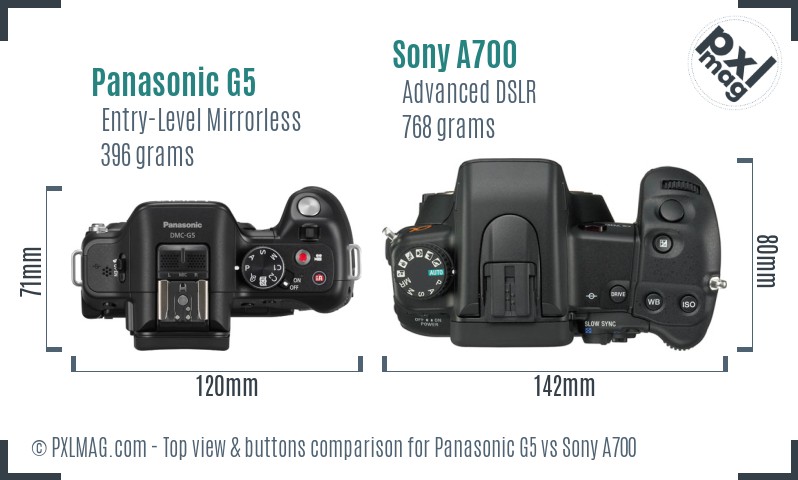 Panasonic G5 vs Sony A700 top view buttons comparison