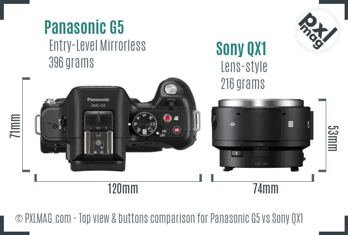Panasonic G5 vs Sony QX1 top view buttons comparison