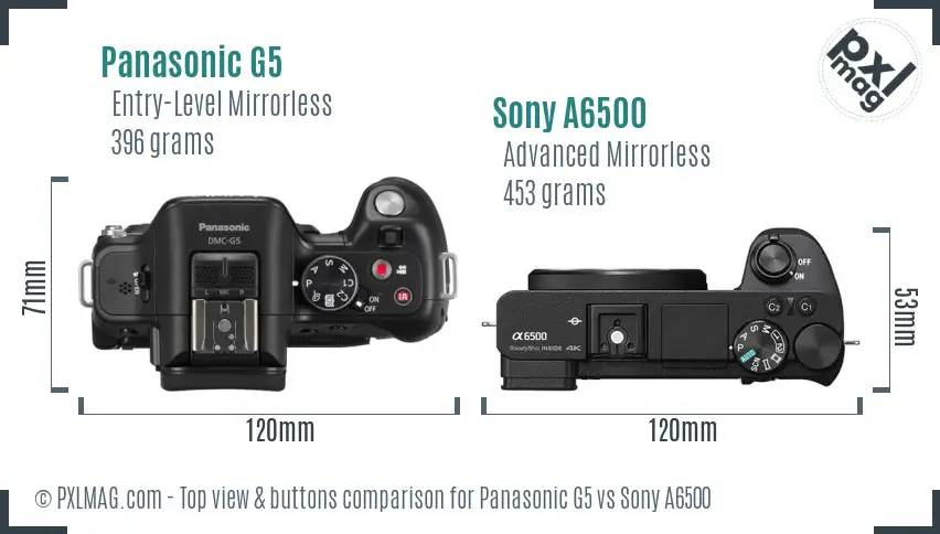 Panasonic G5 vs Sony A6500 top view buttons comparison