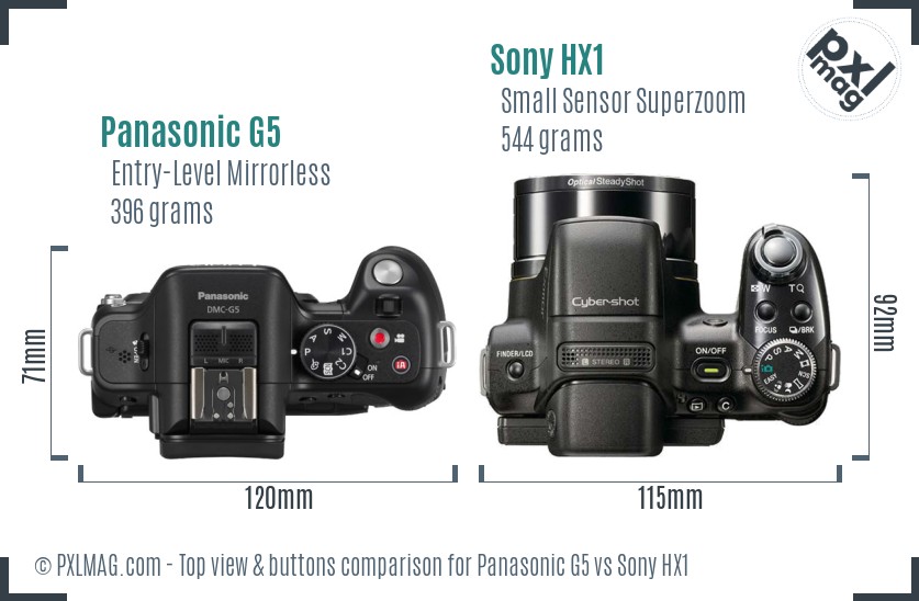Panasonic G5 vs Sony HX1 top view buttons comparison