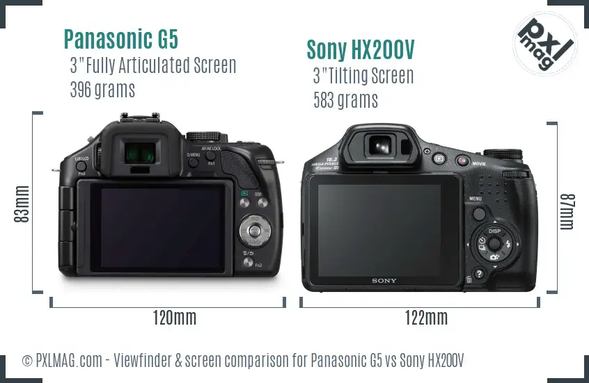 Panasonic G5 vs Sony HX200V Screen and Viewfinder comparison