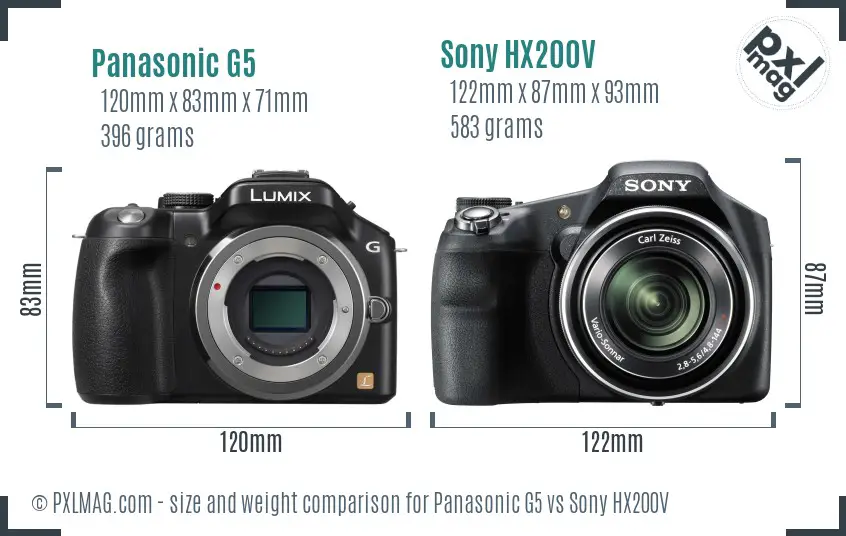 Panasonic G5 vs Sony HX200V size comparison