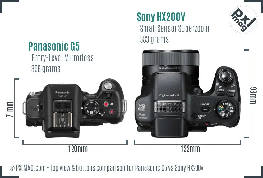 Panasonic G5 vs Sony HX200V top view buttons comparison