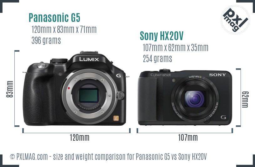 Panasonic G5 vs Sony HX20V size comparison