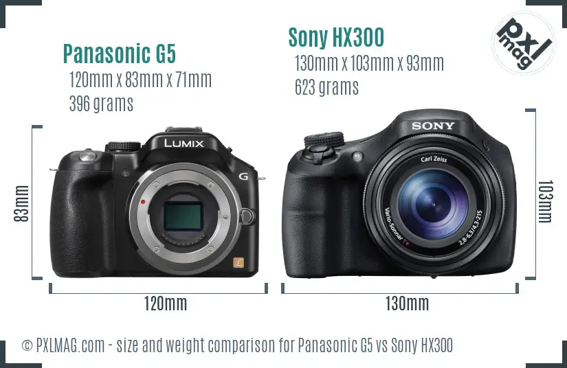 Panasonic G5 vs Sony HX300 size comparison
