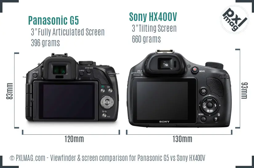 Panasonic G5 vs Sony HX400V Screen and Viewfinder comparison