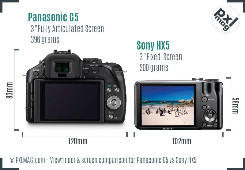 Panasonic G5 vs Sony HX5 Screen and Viewfinder comparison