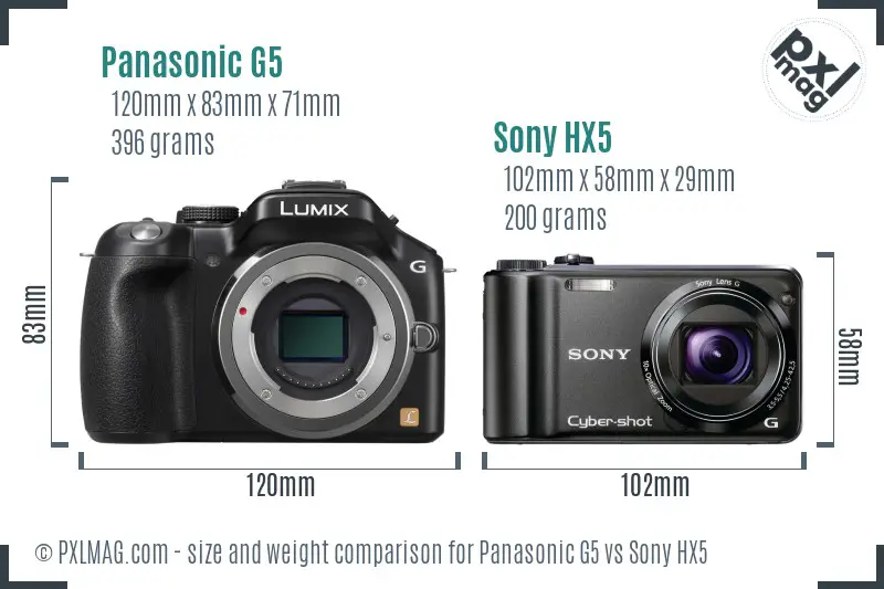 Panasonic G5 vs Sony HX5 size comparison