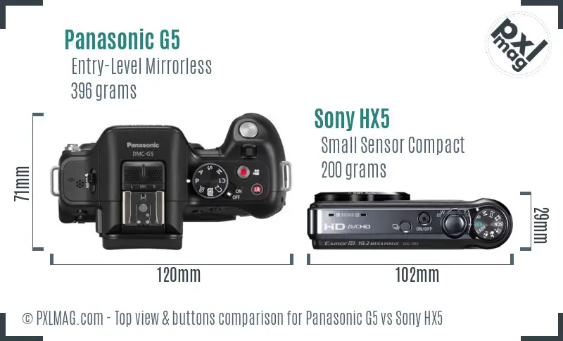 Panasonic G5 vs Sony HX5 top view buttons comparison