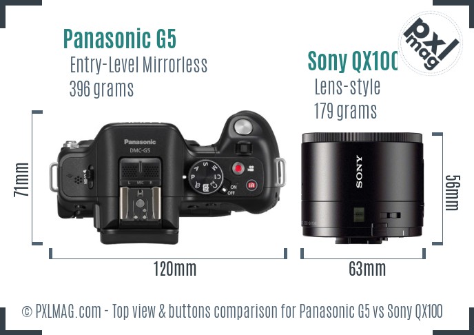 Panasonic G5 vs Sony QX100 top view buttons comparison
