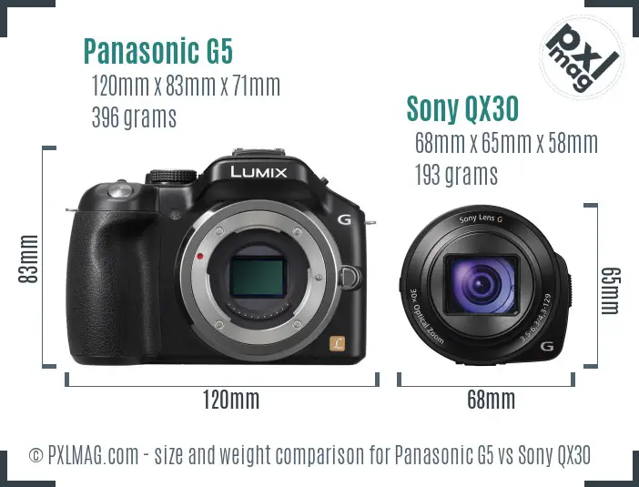 Panasonic G5 vs Sony QX30 size comparison