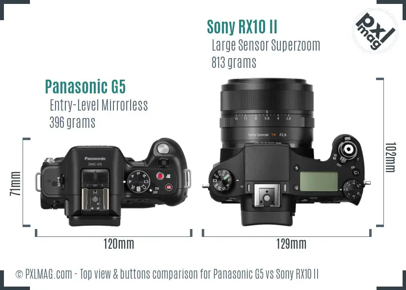 Panasonic G5 vs Sony RX10 II top view buttons comparison