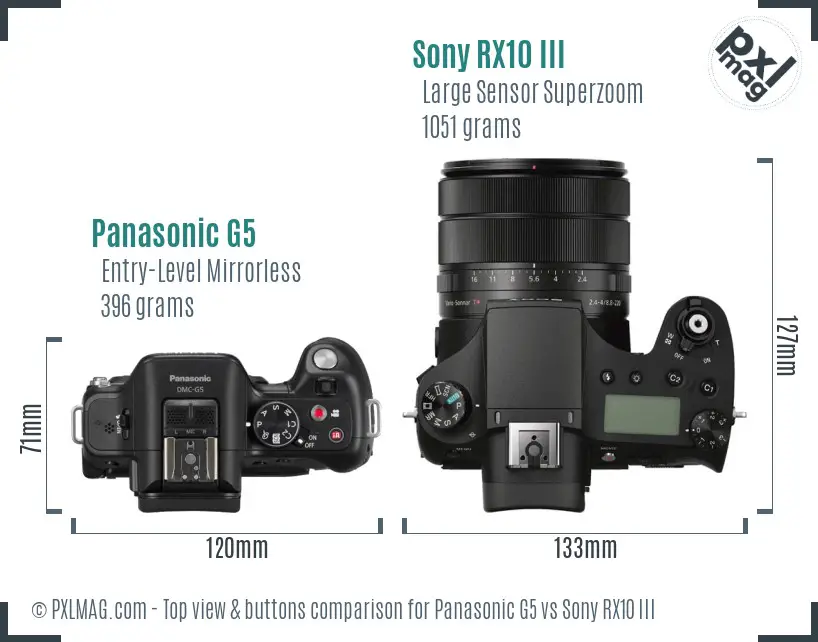 Panasonic G5 vs Sony RX10 III top view buttons comparison