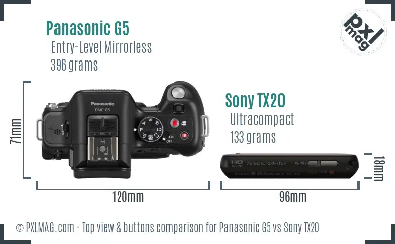 Panasonic G5 vs Sony TX20 top view buttons comparison