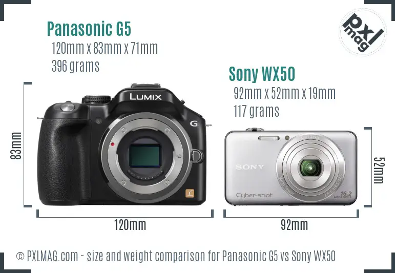Panasonic G5 vs Sony WX50 size comparison