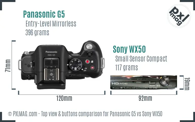 Panasonic G5 vs Sony WX50 top view buttons comparison