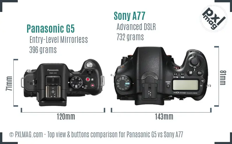 Panasonic G5 vs Sony A77 top view buttons comparison Panasonic G5 vs Sony A77 top view buttons comparison