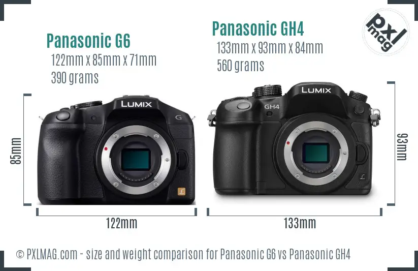 Panasonic G6 vs Panasonic GH4 size comparison