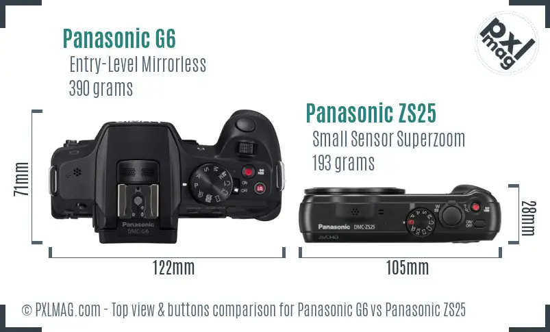 Panasonic G6 vs Panasonic ZS25 top view buttons comparison