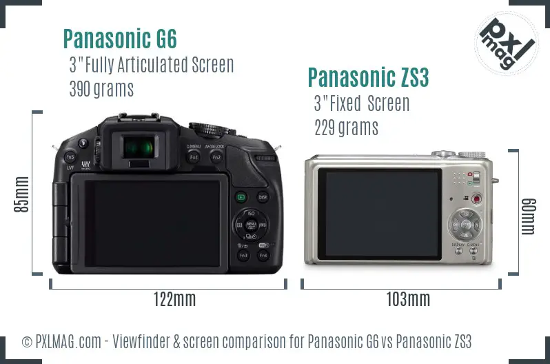 Panasonic G6 vs Panasonic ZS3 Screen and Viewfinder comparison