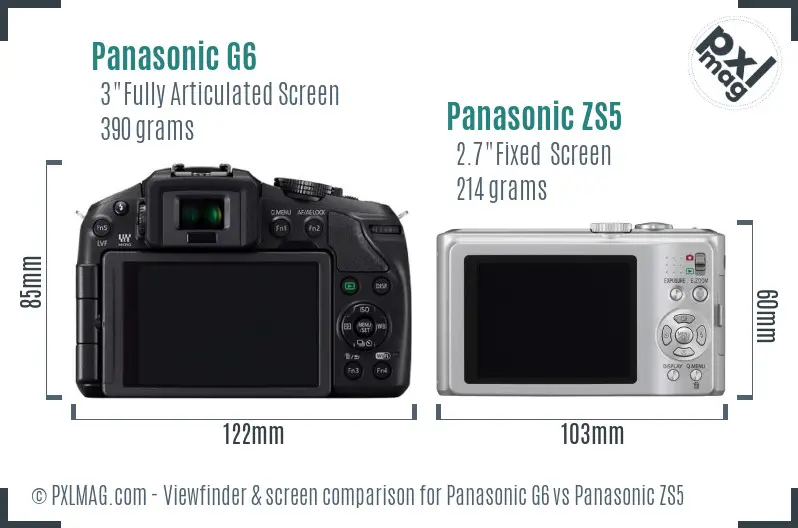 Panasonic G6 vs Panasonic ZS5 Screen and Viewfinder comparison
