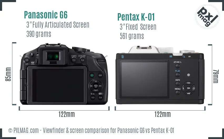 Panasonic G6 vs Pentax K-01 Screen and Viewfinder comparison