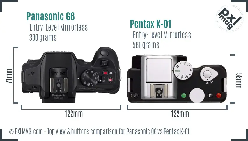 Panasonic G6 vs Pentax K-01 top view buttons comparison