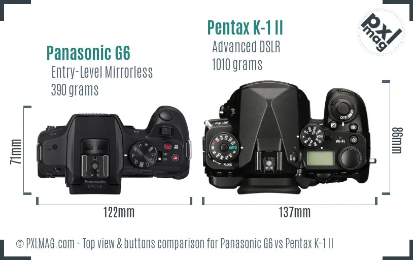 Panasonic G6 vs Pentax K-1 II top view buttons comparison