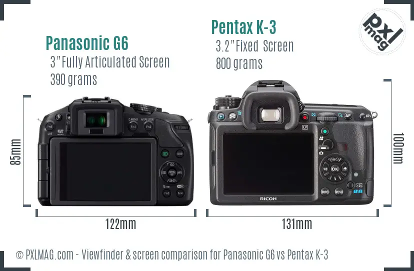 Panasonic G6 vs Pentax K-3 Screen and Viewfinder comparison