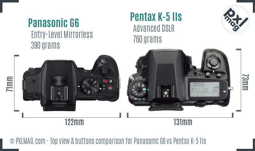 Panasonic G6 vs Pentax K-5 IIs top view buttons comparison