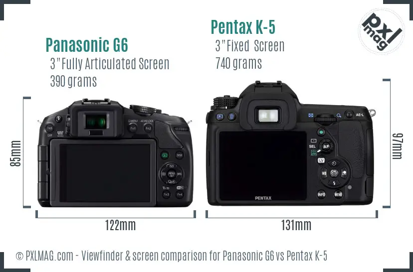 Panasonic G6 vs Pentax K-5 Screen and Viewfinder comparison